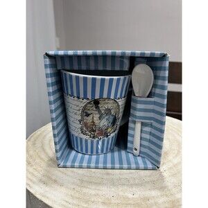 New York City NYC Souvenir Mug & Ceramic Spoon Set Blue White Statue Of Liberty